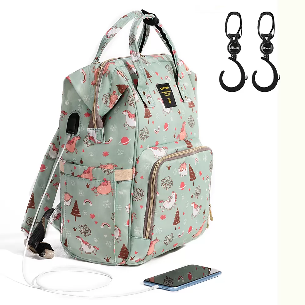 Sunveno Diaper Bag with USB - Green Dream Sky + Hooks