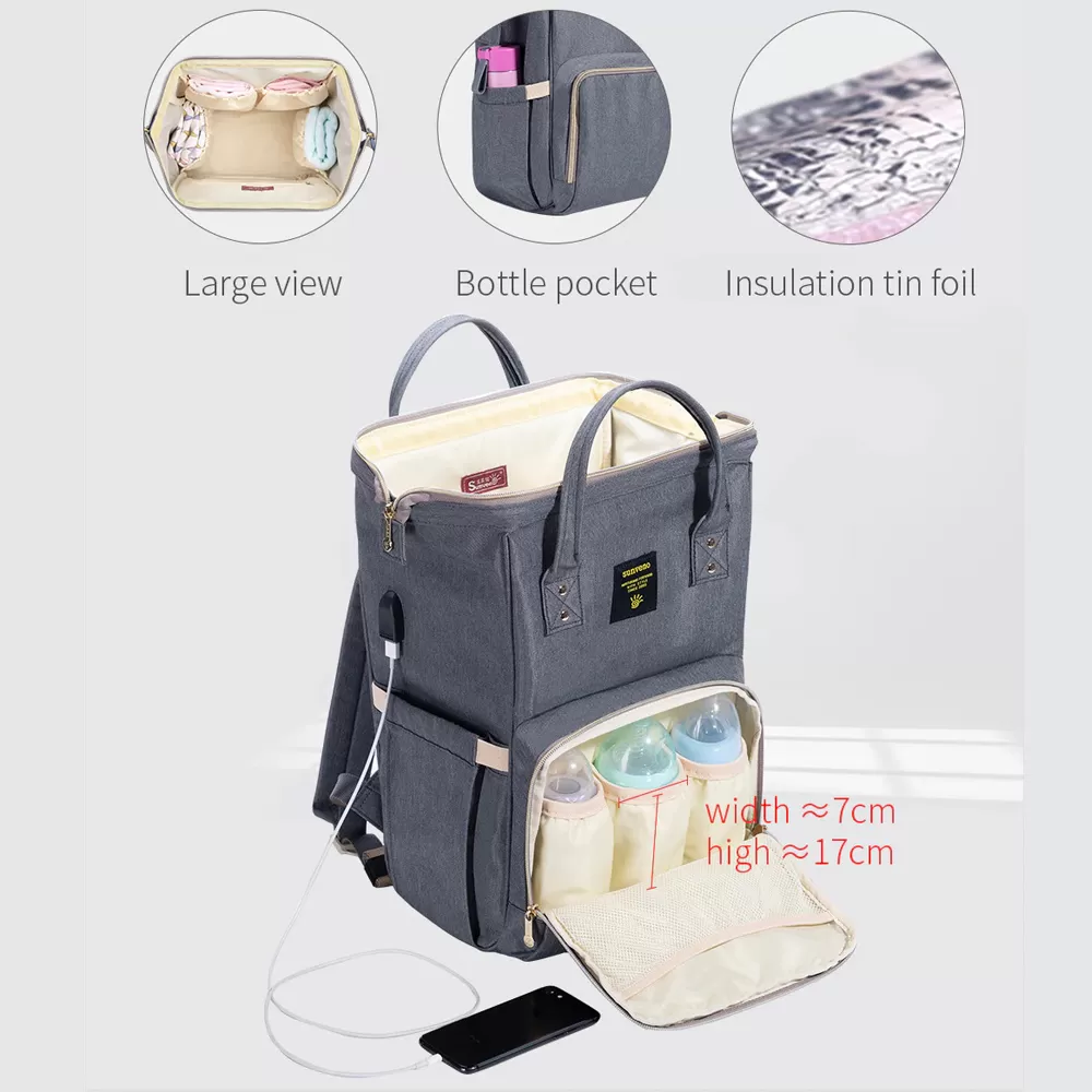 Sunveno Diaper Bag with USB - Grey + Hooks