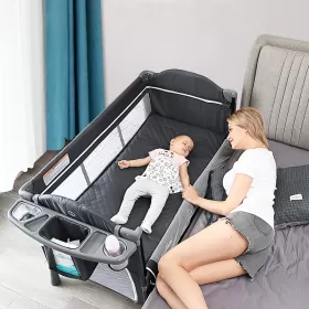 Teknum 4 in 1 Baby Bedside Co - Sleeper Bassinet and Playpen with Rocker Grey