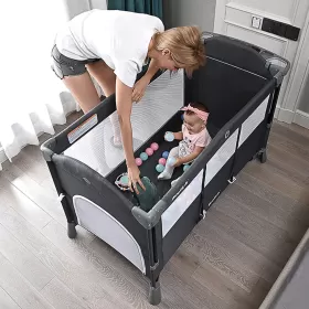 Teknum 4 in 1 Baby Bedside Co - Sleeper Bassinet and Playpen with Rocker Grey