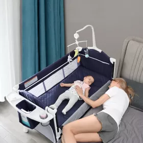 Teknum 4 in 1 Baby Bedside Co - Sleeper Bassinet and Playpen with Rocker Navy Blue