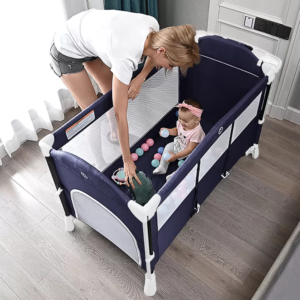 Teknum 4 in 1 Baby Bedside Co - Sleeper Bassinet and Playpen with Rocker Navy Blue