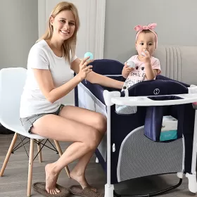 Teknum 4 in 1 Baby Bedside Co - Sleeper Bassinet and Playpen with Rocker Navy Blue