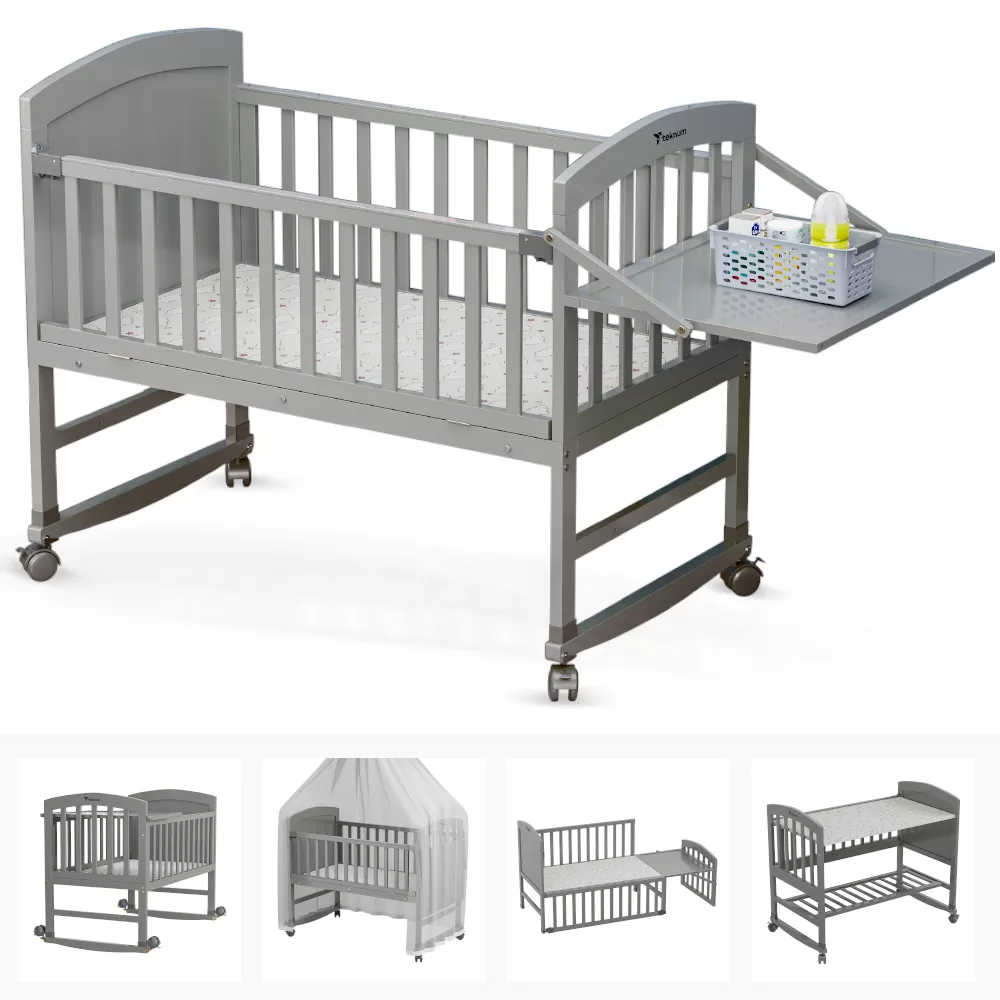 Teknum - 7 in 1 Convertible Kids Bed &amp; Bedside Crib with Mattress, Mosquito net &amp; Detachable Wheels ( 0 - 12yrs ) - Grey