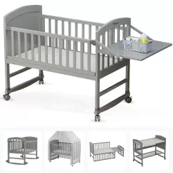 Teknum - 7 in 1 Convertible Kids Bed & Bedside Crib with Mattress, Mosquito net & Detachable Wheels ( 0 - 12yrs ) - Grey