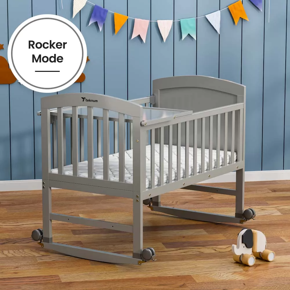 Teknum - 7 in 1 Convertible Kids Bed &amp; Bedside Crib with Mattress, Mosquito net &amp; Detachable Wheels ( 0 - 12yrs ) - Grey