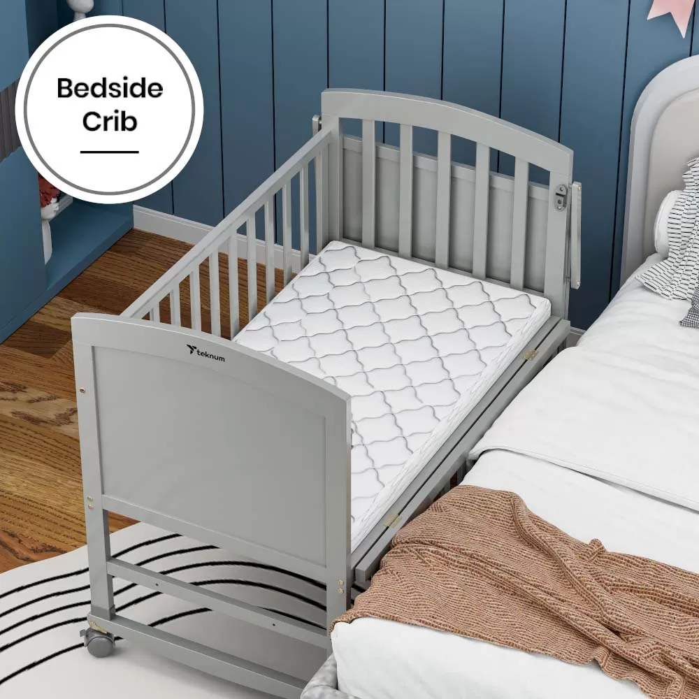 Teknum - 7 in 1 Convertible Kids Bed &amp; Bedside Crib with Mattress, Mosquito net &amp; Detachable Wheels ( 0 - 12yrs ) - Grey