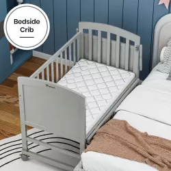 Teknum - 7 in 1 Convertible Kids Bed & Bedside Crib with Mattress, Mosquito net & Detachable Wheels ( 0 - 12yrs ) - Grey