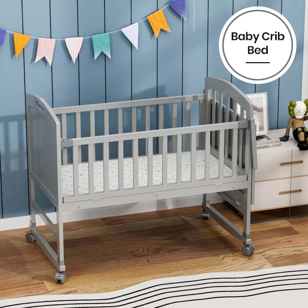 Teknum - 7 in 1 Convertible Kids Bed &amp; Bedside Crib with Mattress, Mosquito net &amp; Detachable Wheels ( 0 - 12yrs ) - Grey