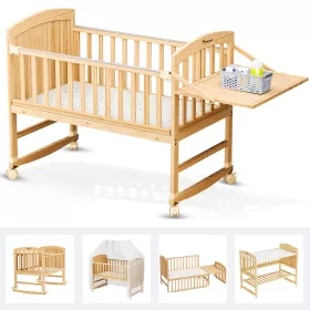 Teknum - 7 in 1 Convertible Kids Bed & Bedside Crib w/ Mattress, Mosquito net & Detachable Wheels(0 - 12yrs) - Natural Wood