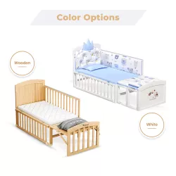 Teknum - 7 in 1 Convertible Kids Bed & Bedside Crib w/ Mattress, Mosquito net & Detachable Wheels(0 - 12yrs) - Natural Wood