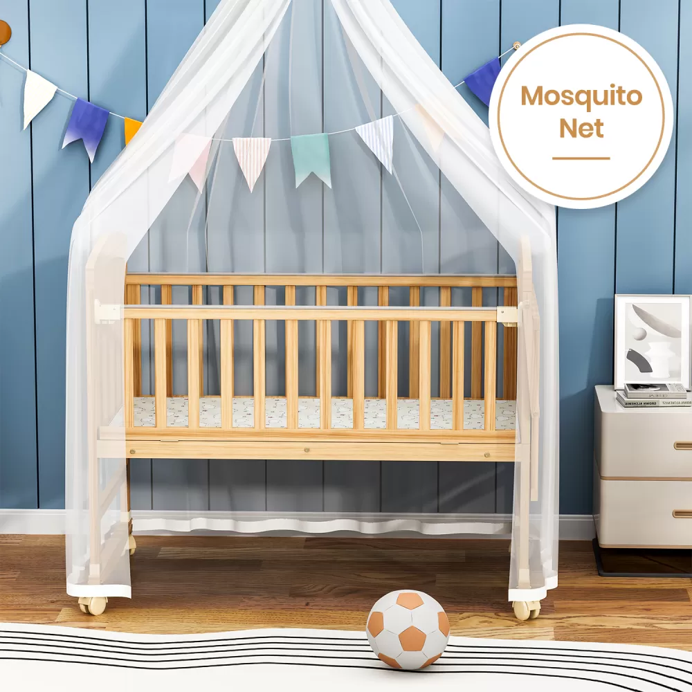 Teknum - 7 in 1 Convertible Kids Bed &amp; Bedside Crib w/ Mattress, Mosquito net &amp; Detachable Wheels(0 - 12yrs) - Natural Wood