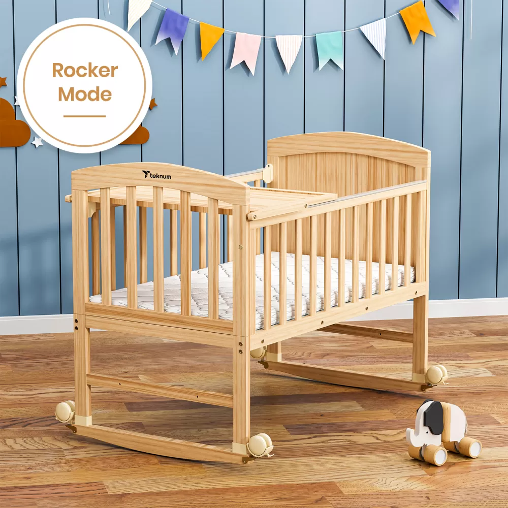 Teknum - 7 in 1 Convertible Kids Bed &amp; Bedside Crib w/ Mattress, Mosquito net &amp; Detachable Wheels(0 - 12yrs) - Natural Wood