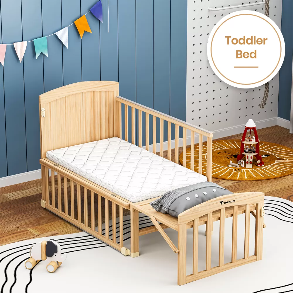 Teknum - 7 in 1 Convertible Kids Bed &amp; Bedside Crib w/ Mattress, Mosquito net &amp; Detachable Wheels(0 - 12yrs) - Natural Wood