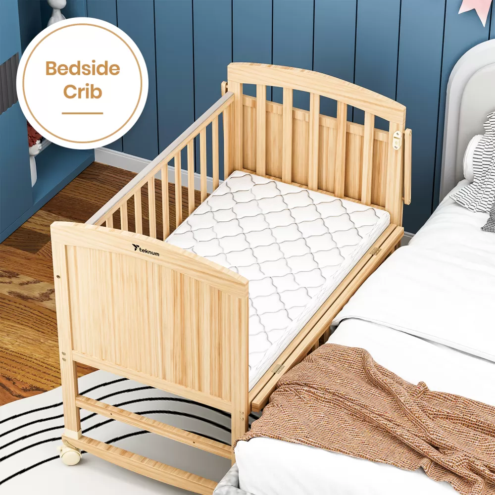 Teknum - 7 in 1 Convertible Kids Bed &amp; Bedside Crib w/ Mattress, Mosquito net &amp; Detachable Wheels(0 - 12yrs) - Natural Wood