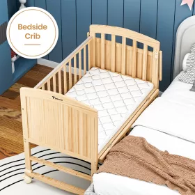 Teknum - 7 in 1 Convertible Kids Bed & Bedside Crib w/ Mattress, Mosquito net & Detachable Wheels(0 - 12yrs) - Natural Wood