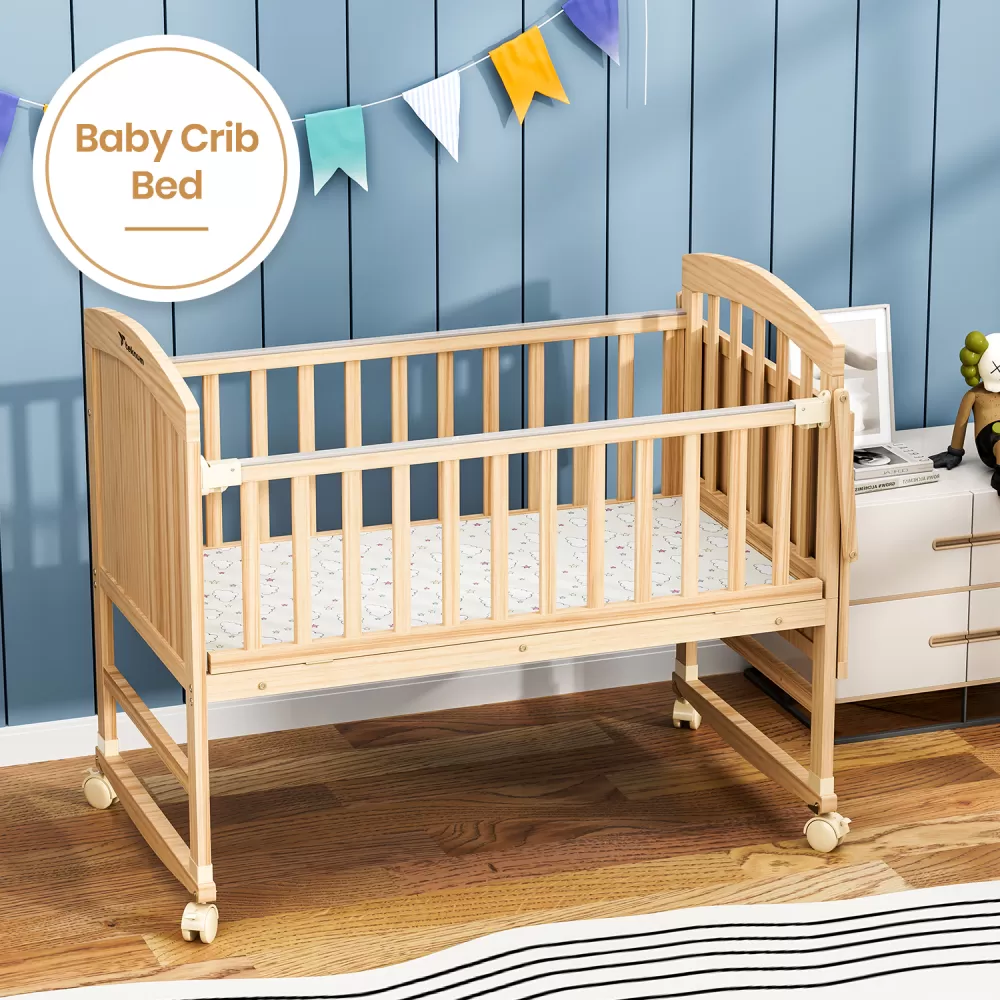 Teknum - 7 in 1 Convertible Kids Bed &amp; Bedside Crib w/ Mattress, Mosquito net &amp; Detachable Wheels(0 - 12yrs) - Natural Wood