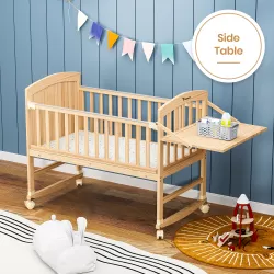 Teknum - 7 in 1 Convertible Kids Bed & Bedside Crib w/ Mattress, Mosquito net & Detachable Wheels(0 - 12yrs) - Natural Wood