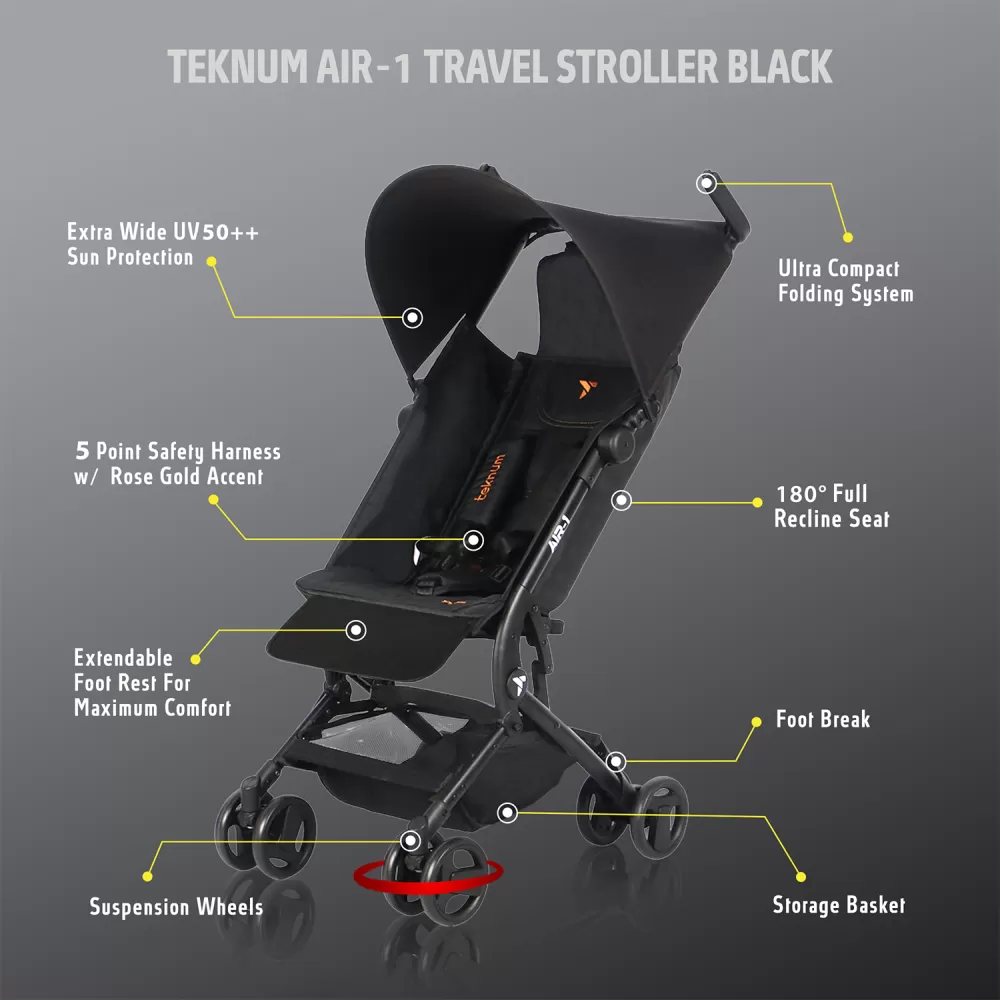 Teknum AIR -1 Travel Stroller with Carry Backpack - Black