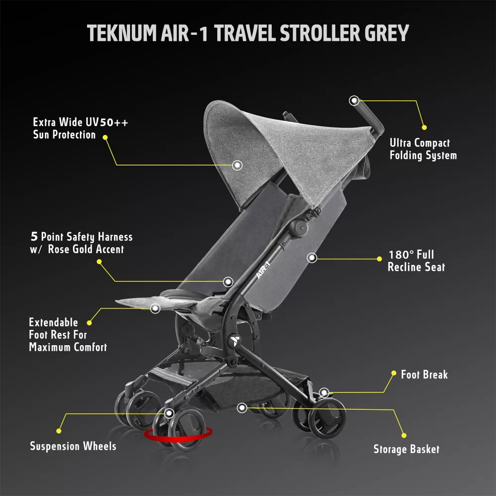 Teknum AIR -1 Travel Stroller with Carry Backpack - Grey