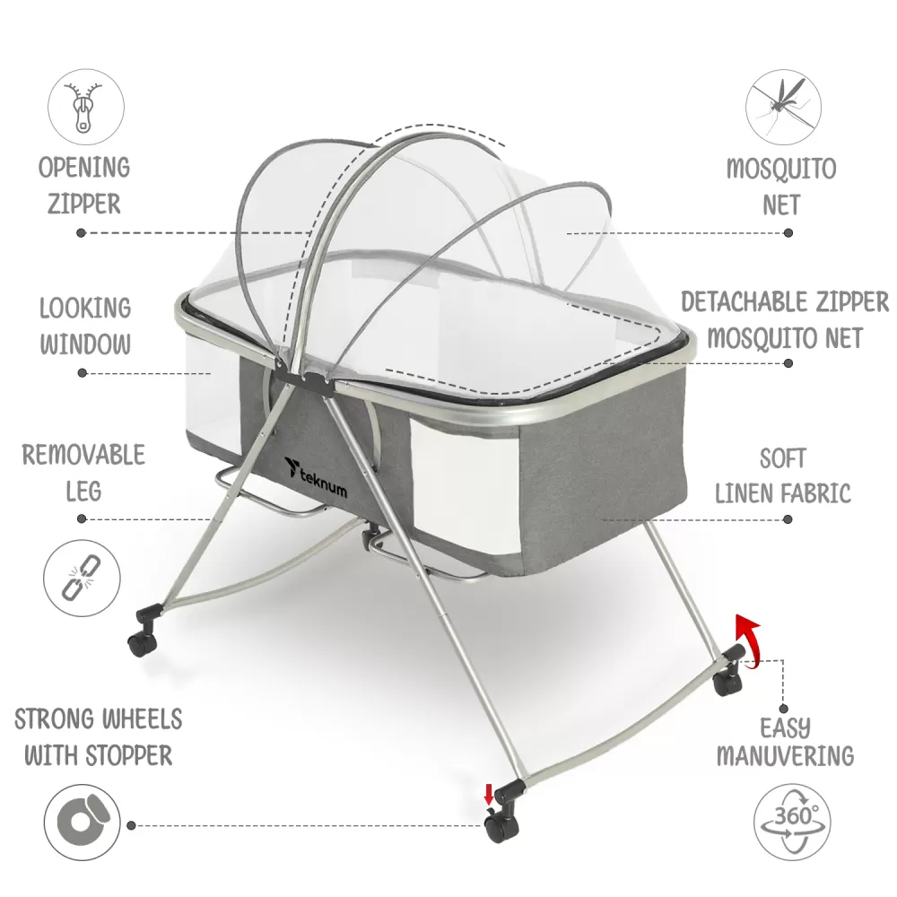 Teknum 3 - IN - 1 Baby Cot / Cradle with Mosquito net &amp; Wheels - Dark Grey