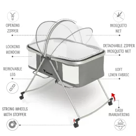 Teknum 3 - IN - 1 Baby Cot / Cradle with Mosquito net & Wheels - Dark Grey