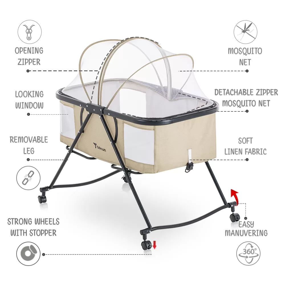 Teknum 3-IN-1 Baby Cot/Cradle w/ Mosquito net &amp; Wheels – Ivory