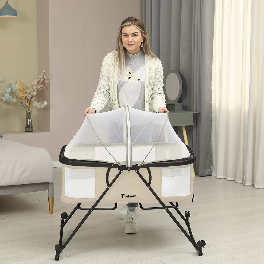 Teknum 3-IN-1 Baby Cot/Cradle w/ Mosquito net &amp; Wheels – Ivory