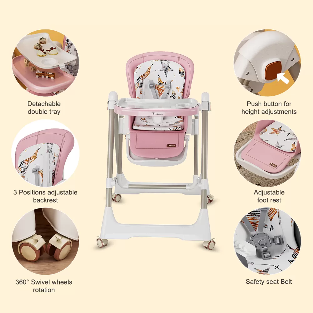 Teknum 5 - IN - 1 Swing with High Chair with Lockable wheels - Pink