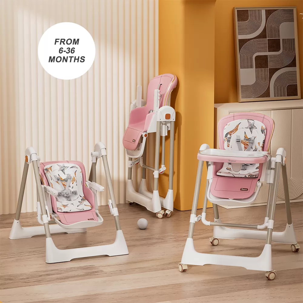 Teknum 5 - IN - 1 Swing with High Chair with Lockable wheels - Pink