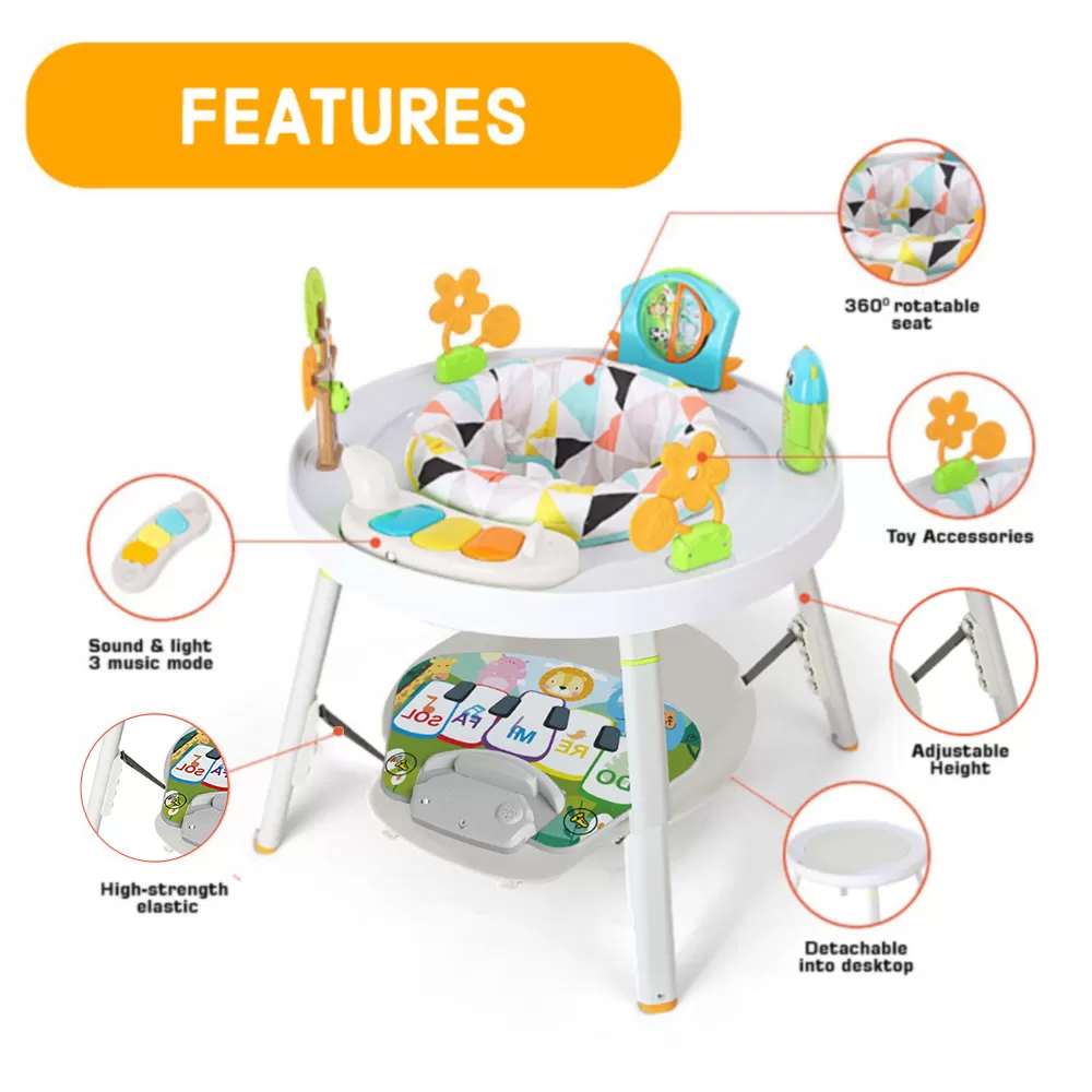 Teknum 4 - IN - 1 Activity Jumper / Feeding Chair / Drawing Table / Playing Station with Musical Mat, Detachable Toys &amp; Musical Piano - White