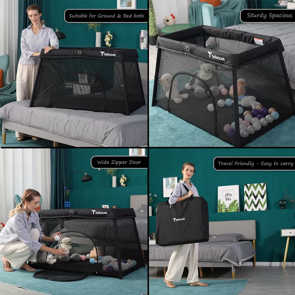 TEKNUM Portable Quick fold Playard &amp; Cot with Zipper Door &amp; Carry Bag - Midnight Black