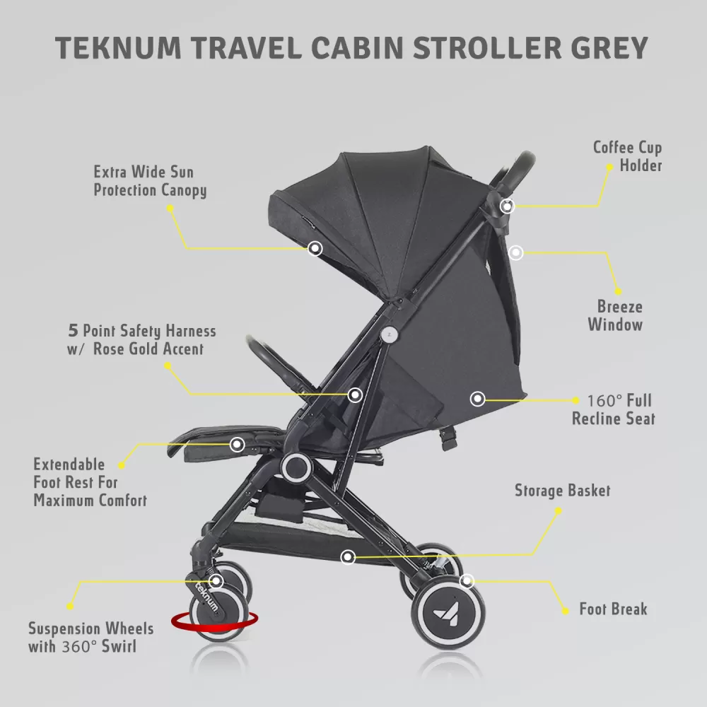 Teknum Travel Cabin Stroller with Coffee Cup Holder - Black