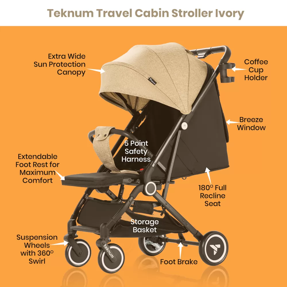 Teknum Travel Cabin Stroller with Coffee Cup Holder - Ivory