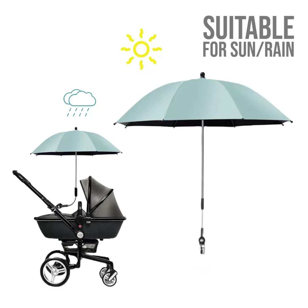 Teknum Universal Stroller Umbrella with Holder Clip Clamp, 360 Degree Rotatable - Green