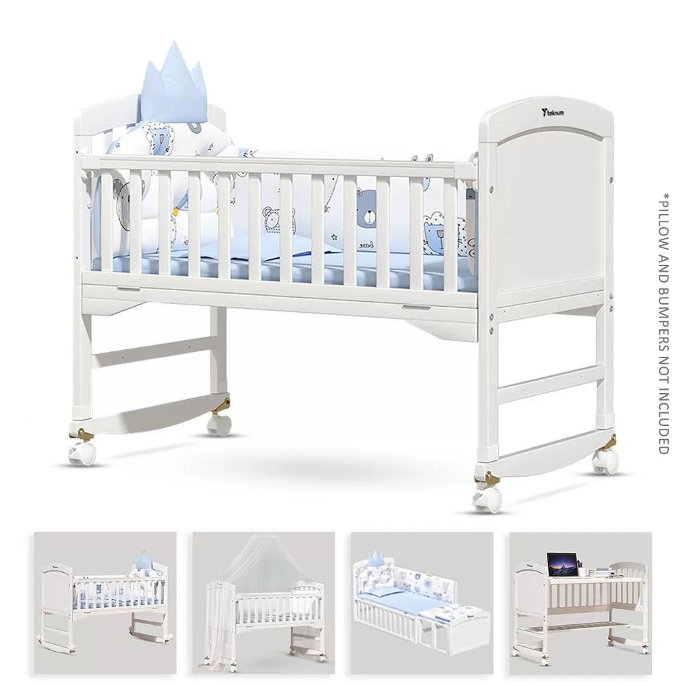 Teknum - 7 - in - 1 Convertible Kids Bed & Bedside Crib with Mattress, Mosquito net & Detachable Wheels(0 - 12yrs) - White