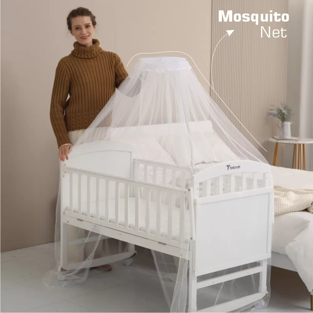 Teknum - 7 - in - 1 Convertible Kids Bed &amp; Bedside Crib with Mattress, Mosquito net &amp; Detachable Wheels(0 - 12yrs) - White