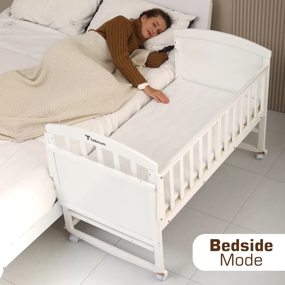 Teknum - 7 - in - 1 Convertible Kids Bed &amp; Bedside Crib with Mattress, Mosquito net &amp; Detachable Wheels(0 - 12yrs) - White