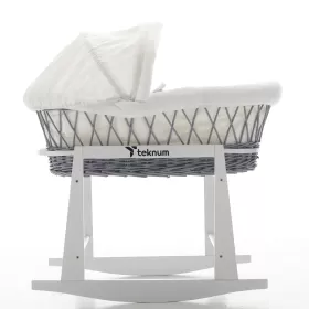 Teknum Infant Wicker Moses Basket with White Waffle Beddings & White Rocker Stand - Wooden Grey