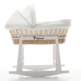 Teknum Infant Wicker Moses Basket with White Waffle Beddings & White Rocker Stand - Wooden Brown