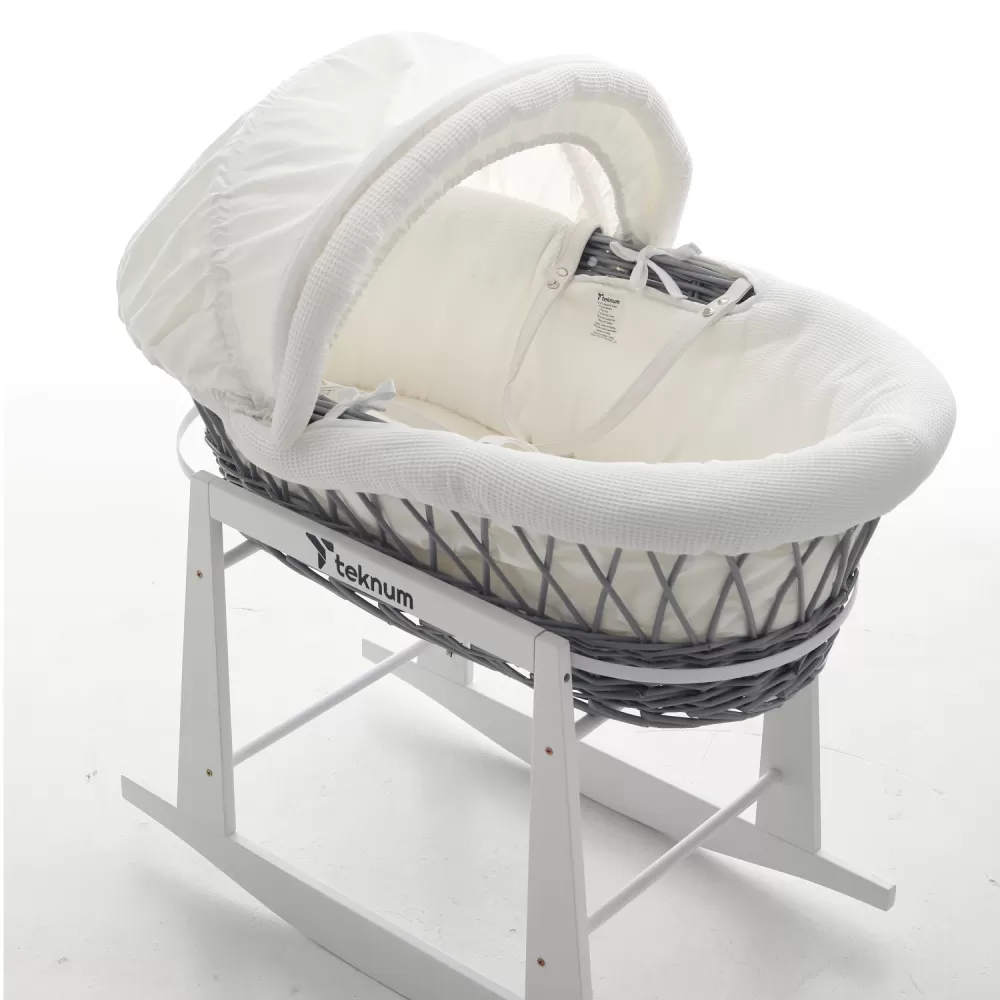 Teknum Infant Wicker Moses Basket with White Waffle Beddings - Wooden Grey