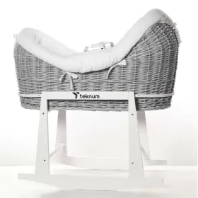 Teknum Infant Wicker Pod Moses Basket with White Waffle Beddings & White Rocker Stand - Wooden Grey