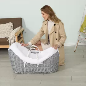 Teknum Infant Wicker Pod Moses Basket with White Waffle Beddings - Wooden Grey