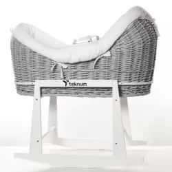 Teknum Infant Wicker Pod Moses Basket with White Waffle Beddings - Wooden Grey