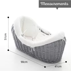 Teknum Infant Wicker Pod Moses Basket with White Waffle Beddings - Wooden Grey