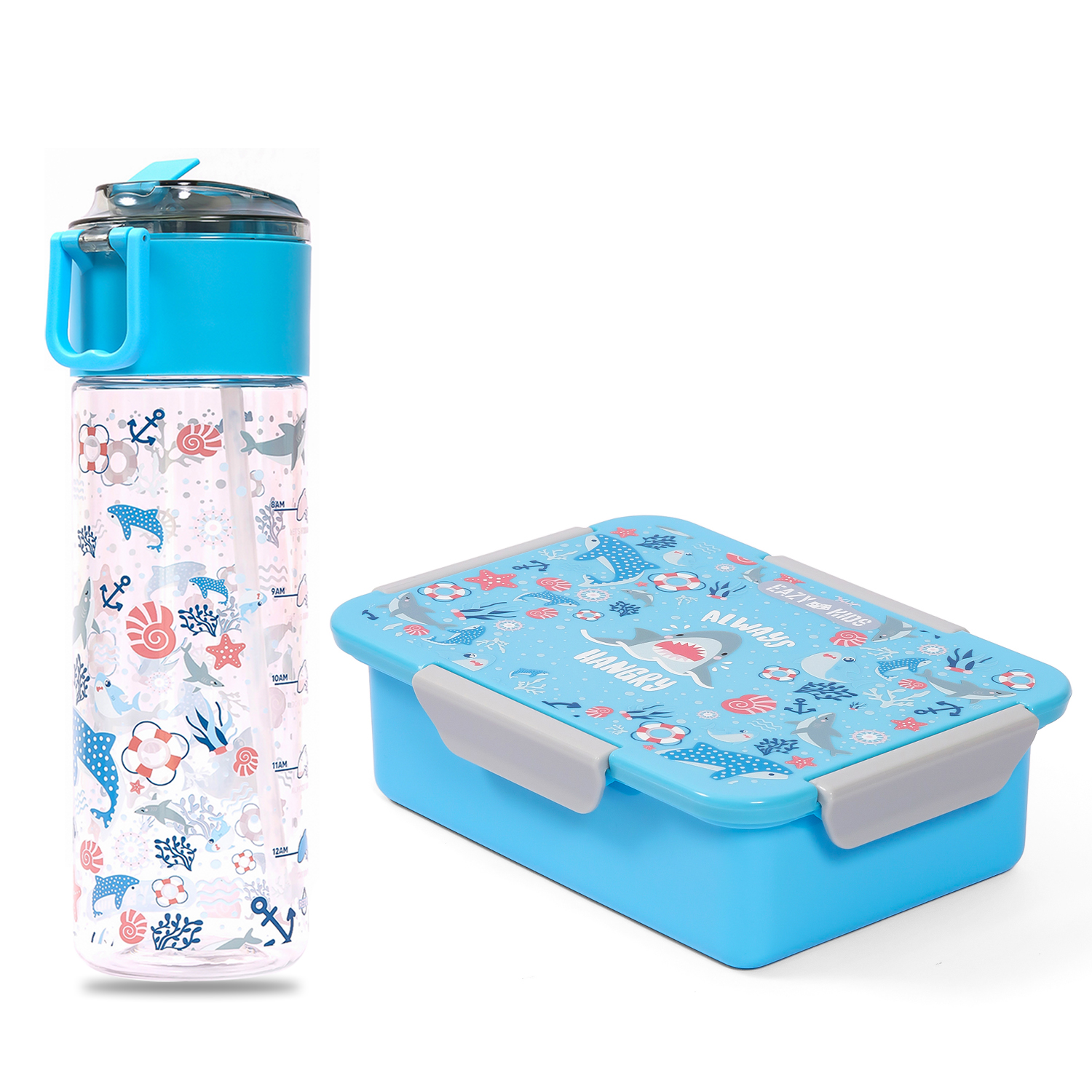 Eazy Kids - T-Rex Lunch Box & Water Bottle 450ml W/ Snack Box - Blue